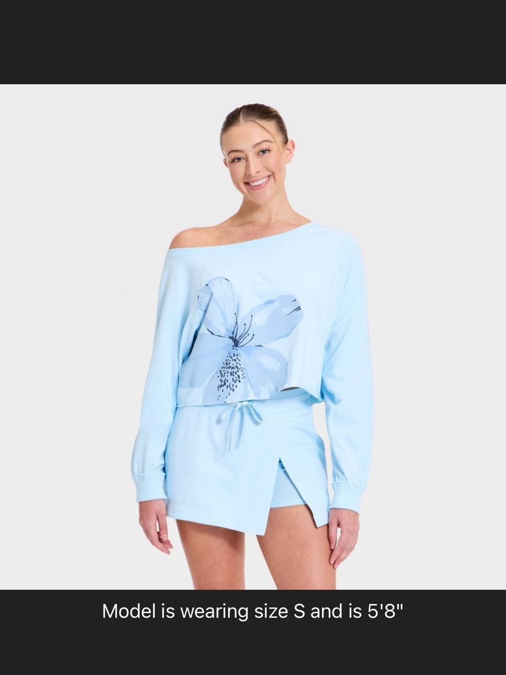 NWT Joylab Size L. Light Blue Floral Off-Shoulder Sweatshirt. French terry.
